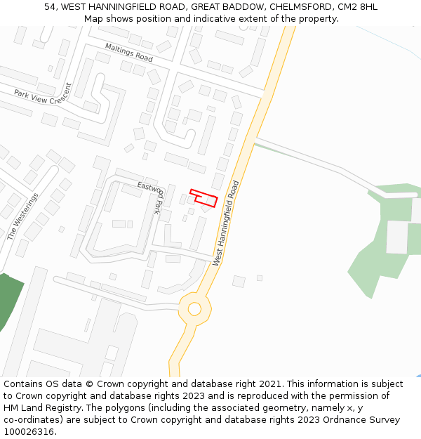 54, WEST HANNINGFIELD ROAD, GREAT BADDOW, CHELMSFORD, CM2 8HL: Location map and indicative extent of plot