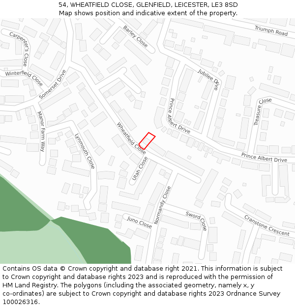 54, WHEATFIELD CLOSE, GLENFIELD, LEICESTER, LE3 8SD: Location map and indicative extent of plot