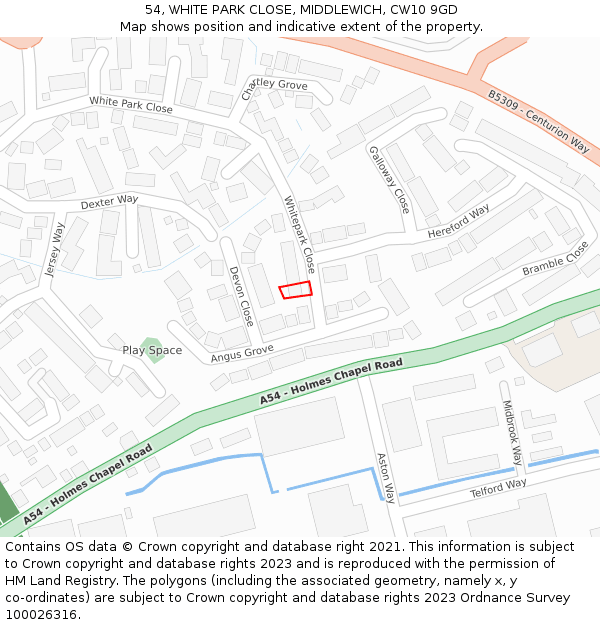 54, WHITE PARK CLOSE, MIDDLEWICH, CW10 9GD: Location map and indicative extent of plot