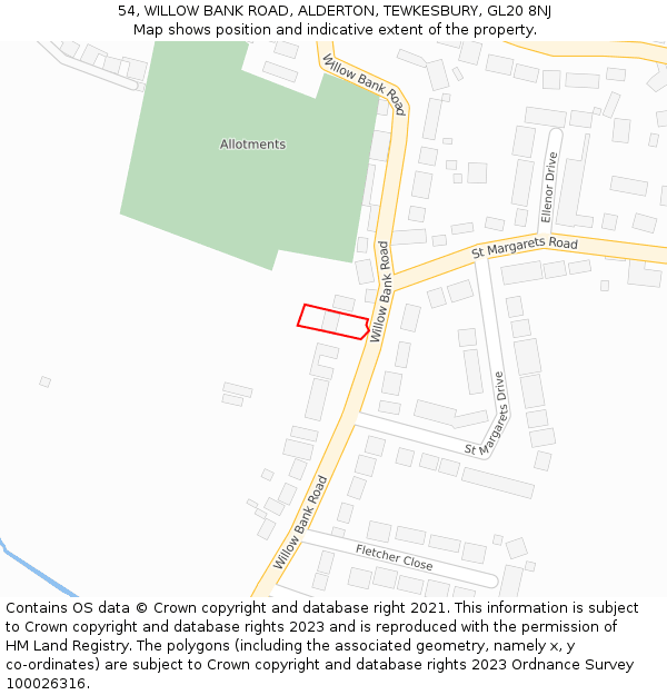 54, WILLOW BANK ROAD, ALDERTON, TEWKESBURY, GL20 8NJ: Location map and indicative extent of plot