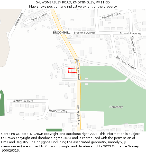 54, WOMERSLEY ROAD, KNOTTINGLEY, WF11 0DJ: Location map and indicative extent of plot