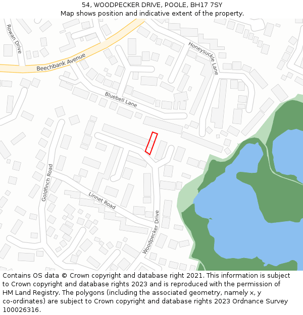 54, WOODPECKER DRIVE, POOLE, BH17 7SY: Location map and indicative extent of plot