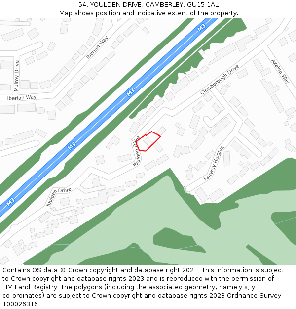 54, YOULDEN DRIVE, CAMBERLEY, GU15 1AL: Location map and indicative extent of plot