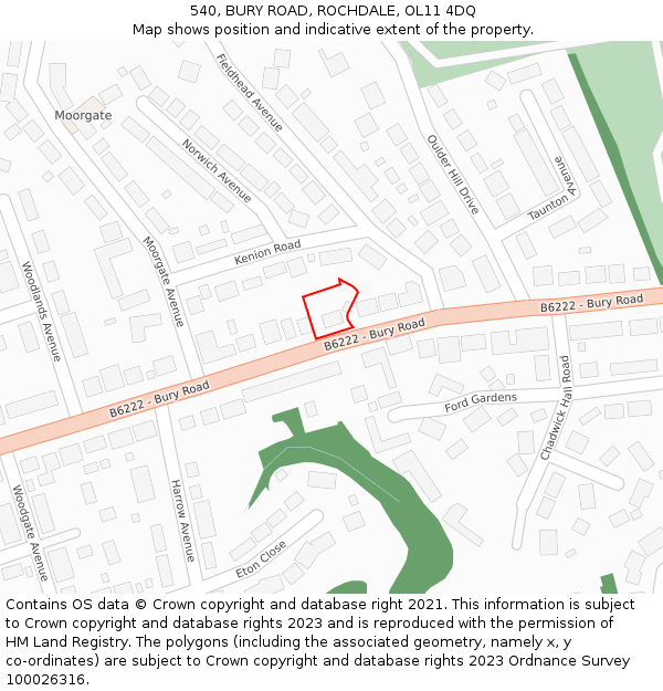 540, BURY ROAD, ROCHDALE, OL11 4DQ: Location map and indicative extent of plot