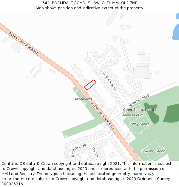 542, ROCHDALE ROAD, SHAW, OLDHAM, OL2 7NP: Location map and indicative extent of plot