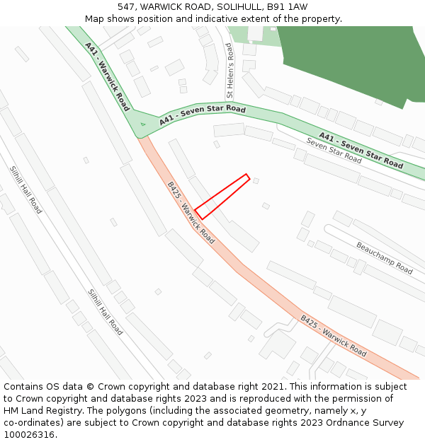 547, WARWICK ROAD, SOLIHULL, B91 1AW: Location map and indicative extent of plot