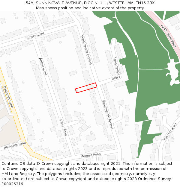 54A, SUNNINGVALE AVENUE, BIGGIN HILL, WESTERHAM, TN16 3BX: Location map and indicative extent of plot