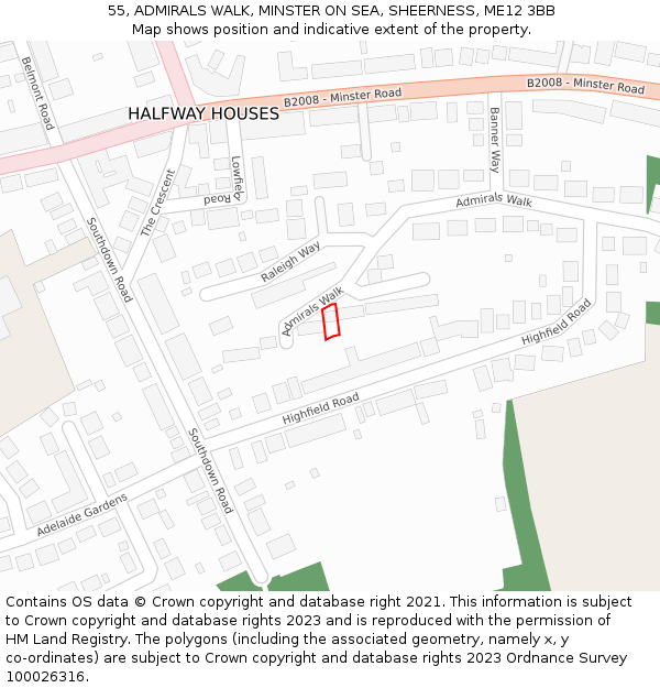 55, ADMIRALS WALK, MINSTER ON SEA, SHEERNESS, ME12 3BB: Location map and indicative extent of plot