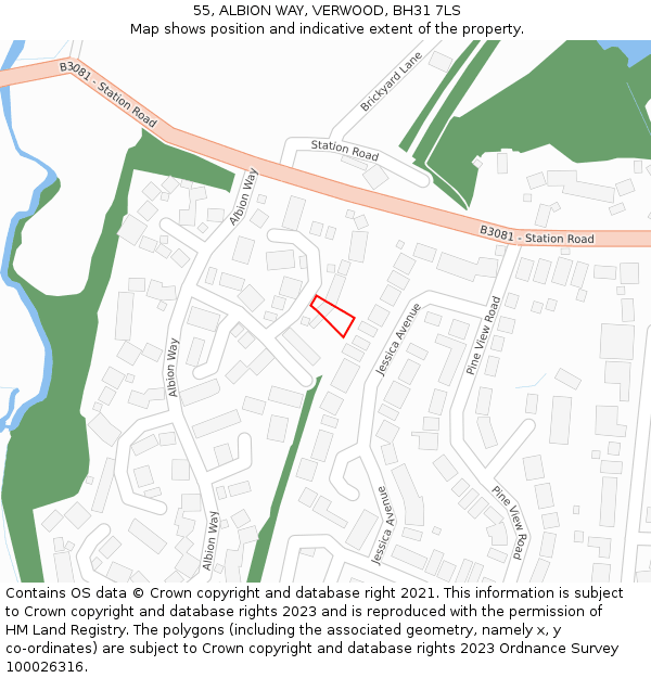 55, ALBION WAY, VERWOOD, BH31 7LS: Location map and indicative extent of plot