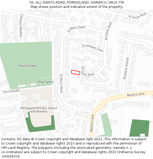 55, ALL SAINTS ROAD, PORINGLAND, NORWICH, NR14 7TA: Location map and indicative extent of plot