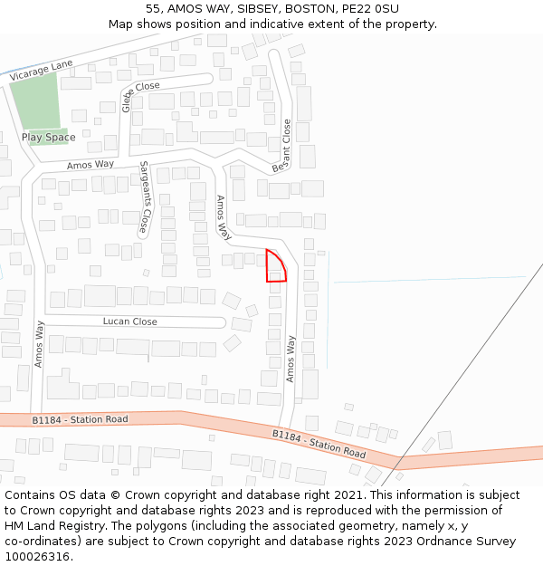 55, AMOS WAY, SIBSEY, BOSTON, PE22 0SU: Location map and indicative extent of plot