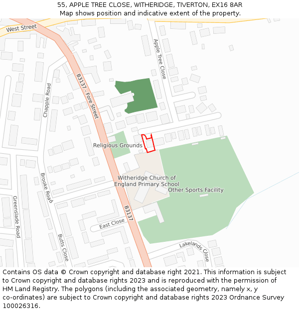 55, APPLE TREE CLOSE, WITHERIDGE, TIVERTON, EX16 8AR: Location map and indicative extent of plot