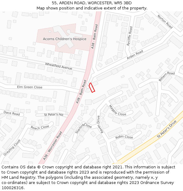 55, ARDEN ROAD, WORCESTER, WR5 3BD: Location map and indicative extent of plot