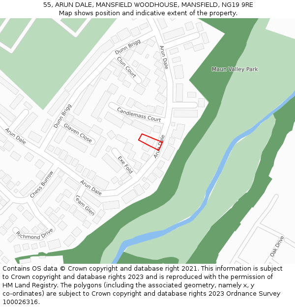 55, ARUN DALE, MANSFIELD WOODHOUSE, MANSFIELD, NG19 9RE: Location map and indicative extent of plot