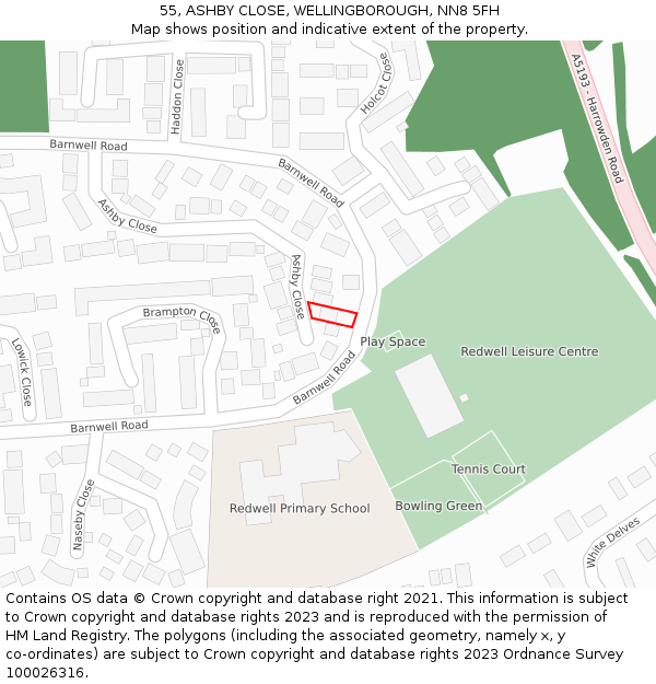 55, ASHBY CLOSE, WELLINGBOROUGH, NN8 5FH: Location map and indicative extent of plot