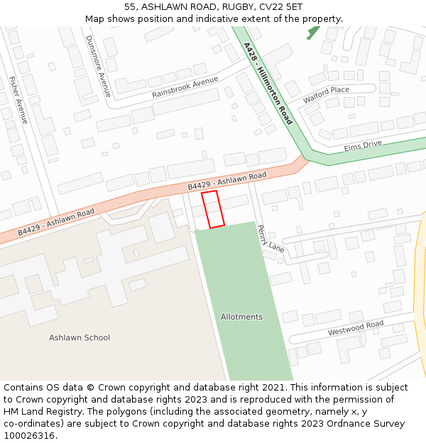 55, ASHLAWN ROAD, RUGBY, CV22 5ET: Location map and indicative extent of plot