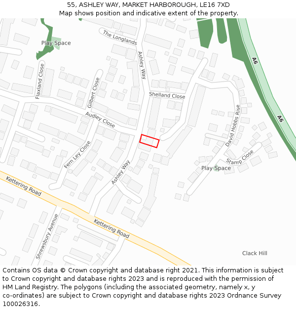 55, ASHLEY WAY, MARKET HARBOROUGH, LE16 7XD: Location map and indicative extent of plot