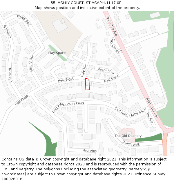55, ASHLY COURT, ST ASAPH, LL17 0PL: Location map and indicative extent of plot