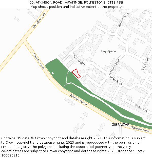 55, ATKINSON ROAD, HAWKINGE, FOLKESTONE, CT18 7SB: Location map and indicative extent of plot