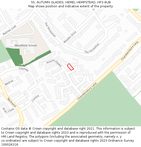 55, AUTUMN GLADES, HEMEL HEMPSTEAD, HP3 8UB: Location map and indicative extent of plot