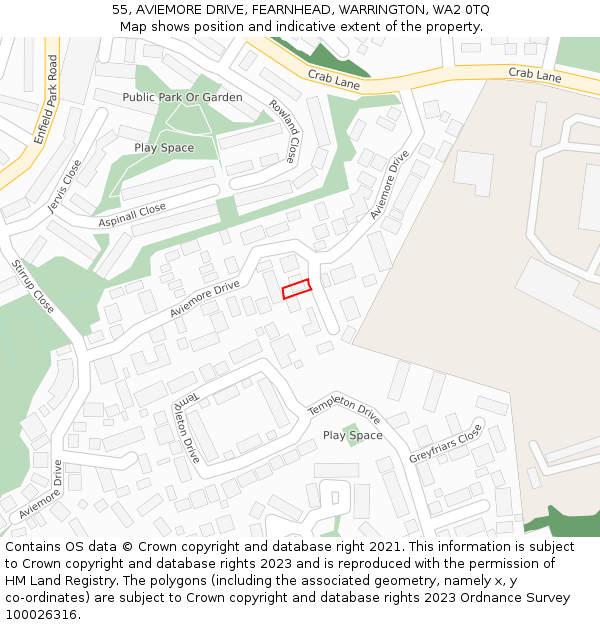 55, AVIEMORE DRIVE, FEARNHEAD, WARRINGTON, WA2 0TQ: Location map and indicative extent of plot