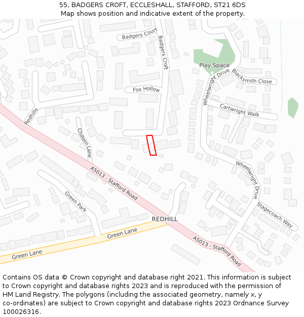 55, BADGERS CROFT, ECCLESHALL, STAFFORD, ST21 6DS: Location map and indicative extent of plot