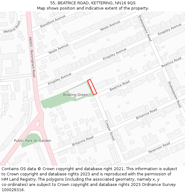 55, BEATRICE ROAD, KETTERING, NN16 9QS: Location map and indicative extent of plot