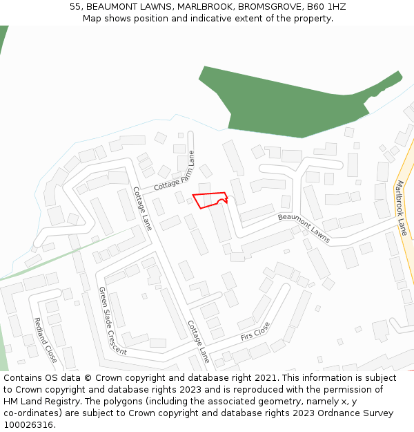 55, BEAUMONT LAWNS, MARLBROOK, BROMSGROVE, B60 1HZ: Location map and indicative extent of plot