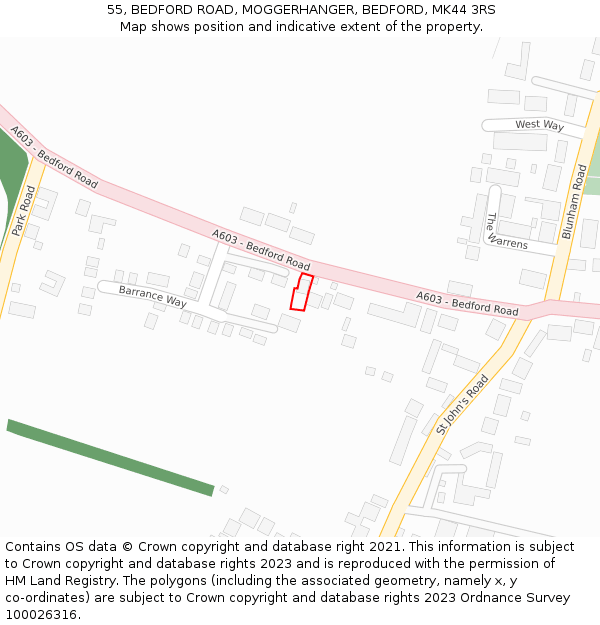 55, BEDFORD ROAD, MOGGERHANGER, BEDFORD, MK44 3RS: Location map and indicative extent of plot