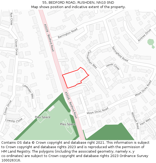 55, BEDFORD ROAD, RUSHDEN, NN10 0ND: Location map and indicative extent of plot