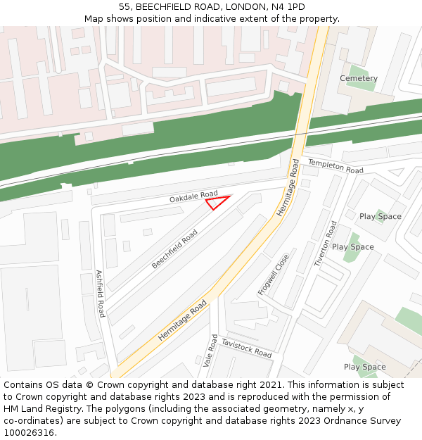 55, BEECHFIELD ROAD, LONDON, N4 1PD: Location map and indicative extent of plot