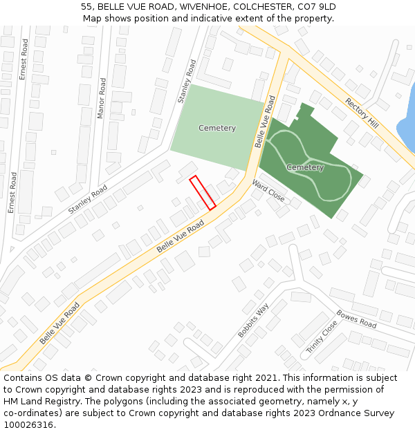 55, BELLE VUE ROAD, WIVENHOE, COLCHESTER, CO7 9LD: Location map and indicative extent of plot