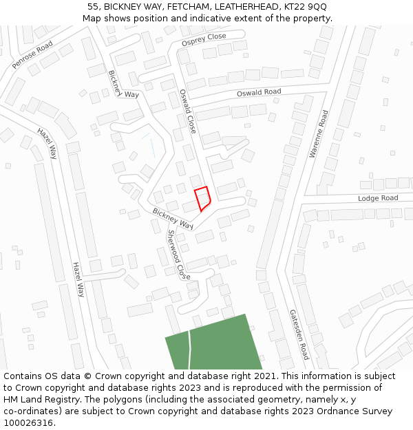55, BICKNEY WAY, FETCHAM, LEATHERHEAD, KT22 9QQ: Location map and indicative extent of plot