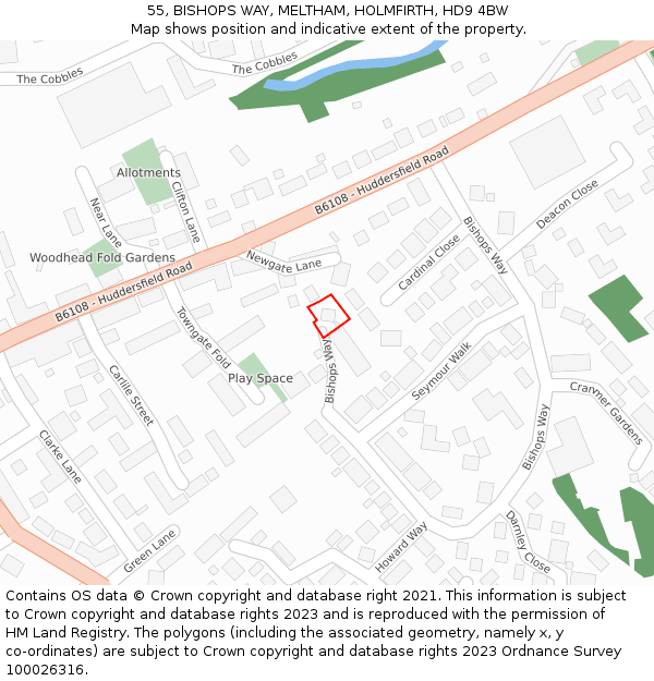 55, BISHOPS WAY, MELTHAM, HOLMFIRTH, HD9 4BW: Location map and indicative extent of plot