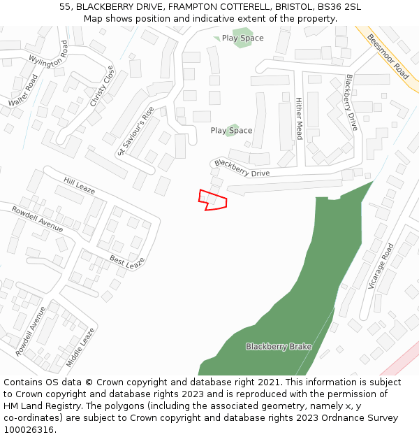 55, BLACKBERRY DRIVE, FRAMPTON COTTERELL, BRISTOL, BS36 2SL: Location map and indicative extent of plot