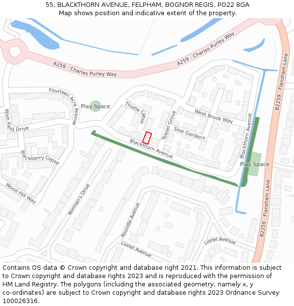 55, BLACKTHORN AVENUE, FELPHAM, BOGNOR REGIS, PO22 8GA: Location map and indicative extent of plot