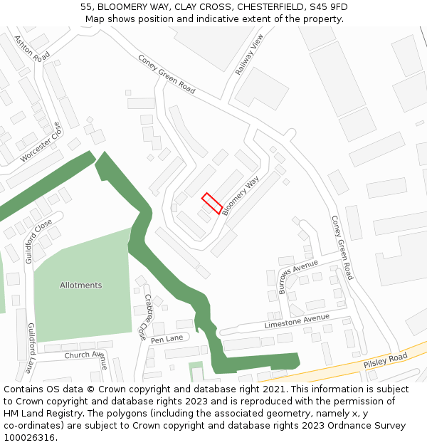 55, BLOOMERY WAY, CLAY CROSS, CHESTERFIELD, S45 9FD: Location map and indicative extent of plot