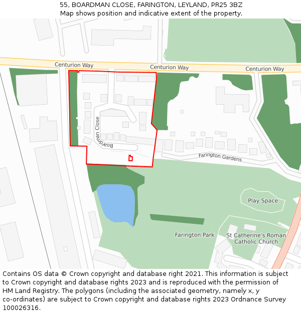 55, BOARDMAN CLOSE, FARINGTON, LEYLAND, PR25 3BZ: Location map and indicative extent of plot