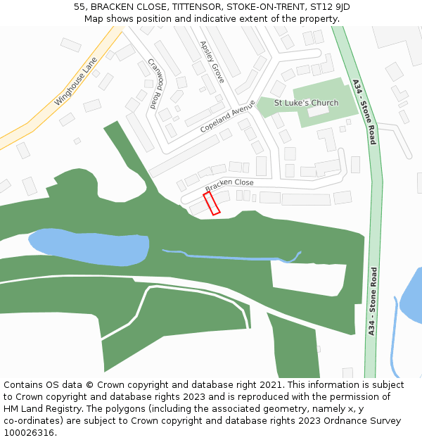 55, BRACKEN CLOSE, TITTENSOR, STOKE-ON-TRENT, ST12 9JD: Location map and indicative extent of plot