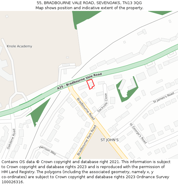 55, BRADBOURNE VALE ROAD, SEVENOAKS, TN13 3QG: Location map and indicative extent of plot