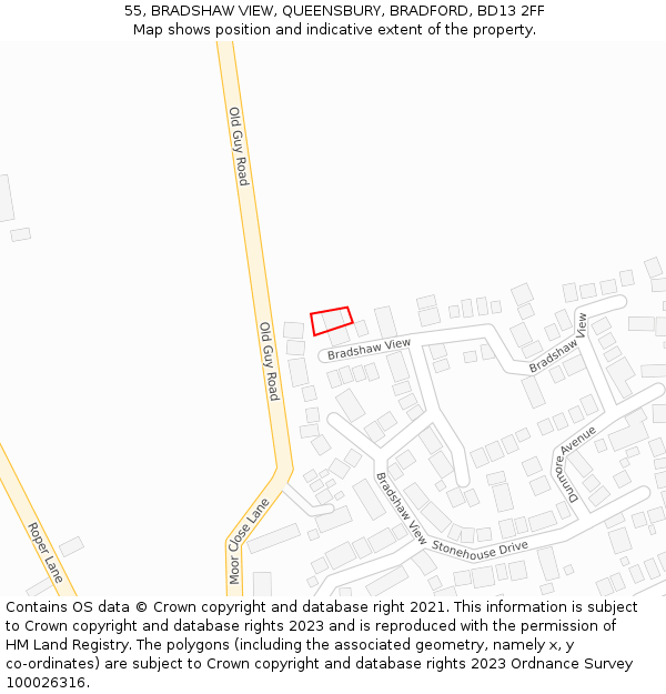 55, BRADSHAW VIEW, QUEENSBURY, BRADFORD, BD13 2FF: Location map and indicative extent of plot