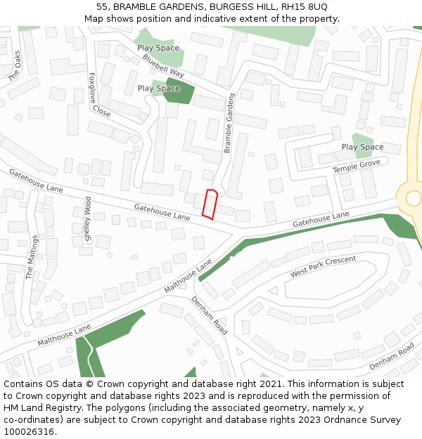 55, BRAMBLE GARDENS, BURGESS HILL, RH15 8UQ: Location map and indicative extent of plot