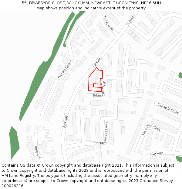 55, BRIARSYDE CLOSE, WHICKHAM, NEWCASTLE UPON TYNE, NE16 5UH: Location map and indicative extent of plot