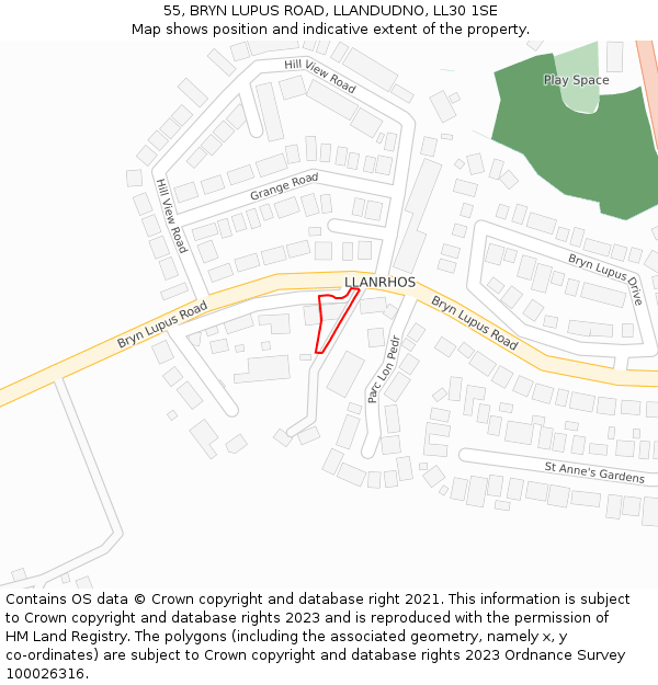 55, BRYN LUPUS ROAD, LLANDUDNO, LL30 1SE: Location map and indicative extent of plot