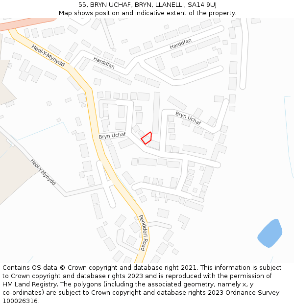 55, BRYN UCHAF, BRYN, LLANELLI, SA14 9UJ: Location map and indicative extent of plot