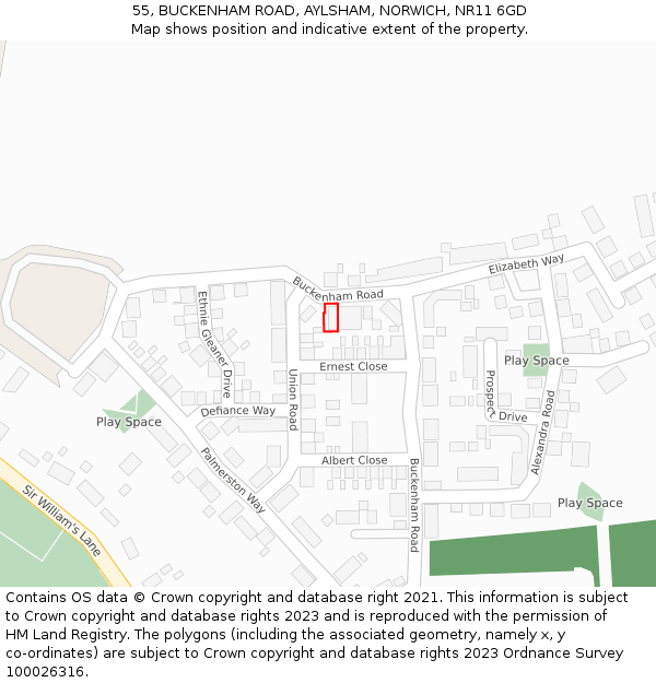 55, BUCKENHAM ROAD, AYLSHAM, NORWICH, NR11 6GD: Location map and indicative extent of plot