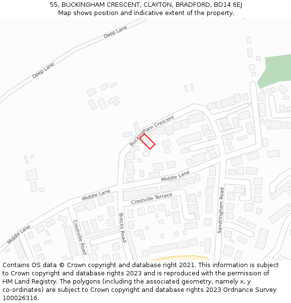 55, BUCKINGHAM CRESCENT, CLAYTON, BRADFORD, BD14 6EJ: Location map and indicative extent of plot