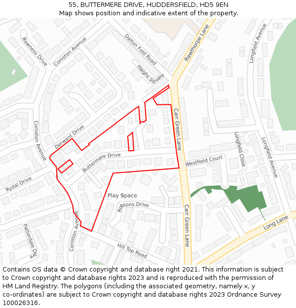 55, BUTTERMERE DRIVE, HUDDERSFIELD, HD5 9EN: Location map and indicative extent of plot