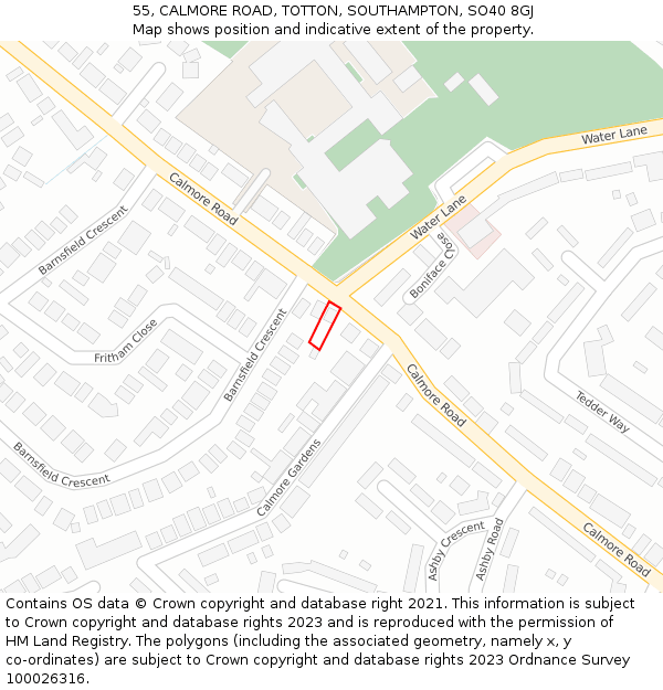 55, CALMORE ROAD, TOTTON, SOUTHAMPTON, SO40 8GJ: Location map and indicative extent of plot