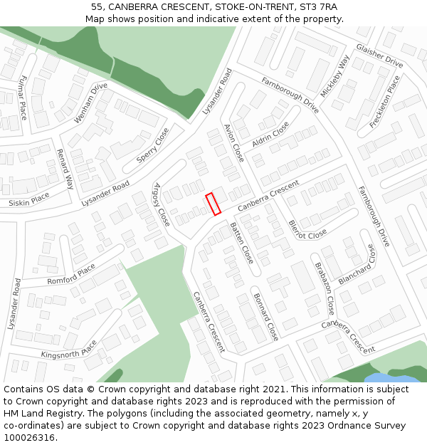 55, CANBERRA CRESCENT, STOKE-ON-TRENT, ST3 7RA: Location map and indicative extent of plot